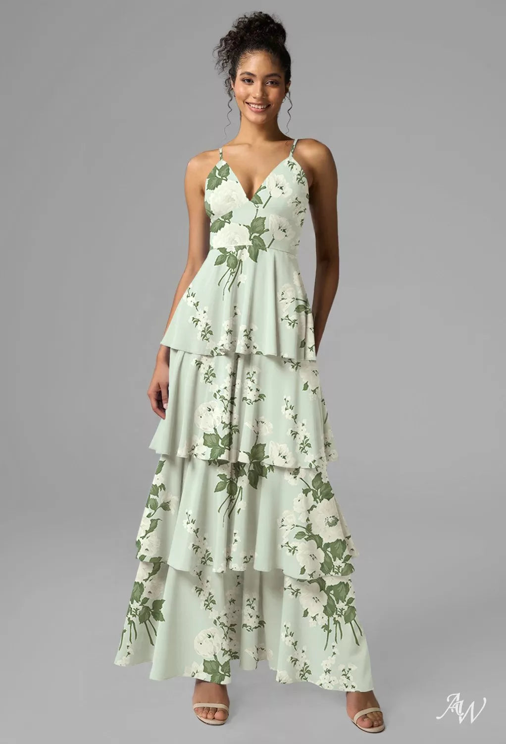 Mottled Moss Green Floral Satin Charmeuse  Maxi Dress