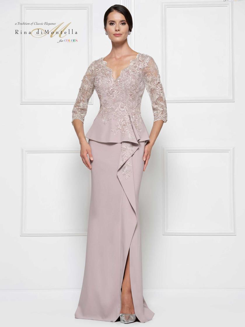 3/4 Lace Sleeve Stretch Fit and Flare Embroidered Bodice and Beads Pepblum with Ruffle Skirt and Slit