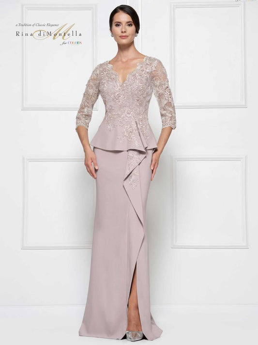3/4 Lace Sleeve Stretch Fit and Flare Embroidered Bodice and Beads Pepblum with Ruffle Skirt and Slit