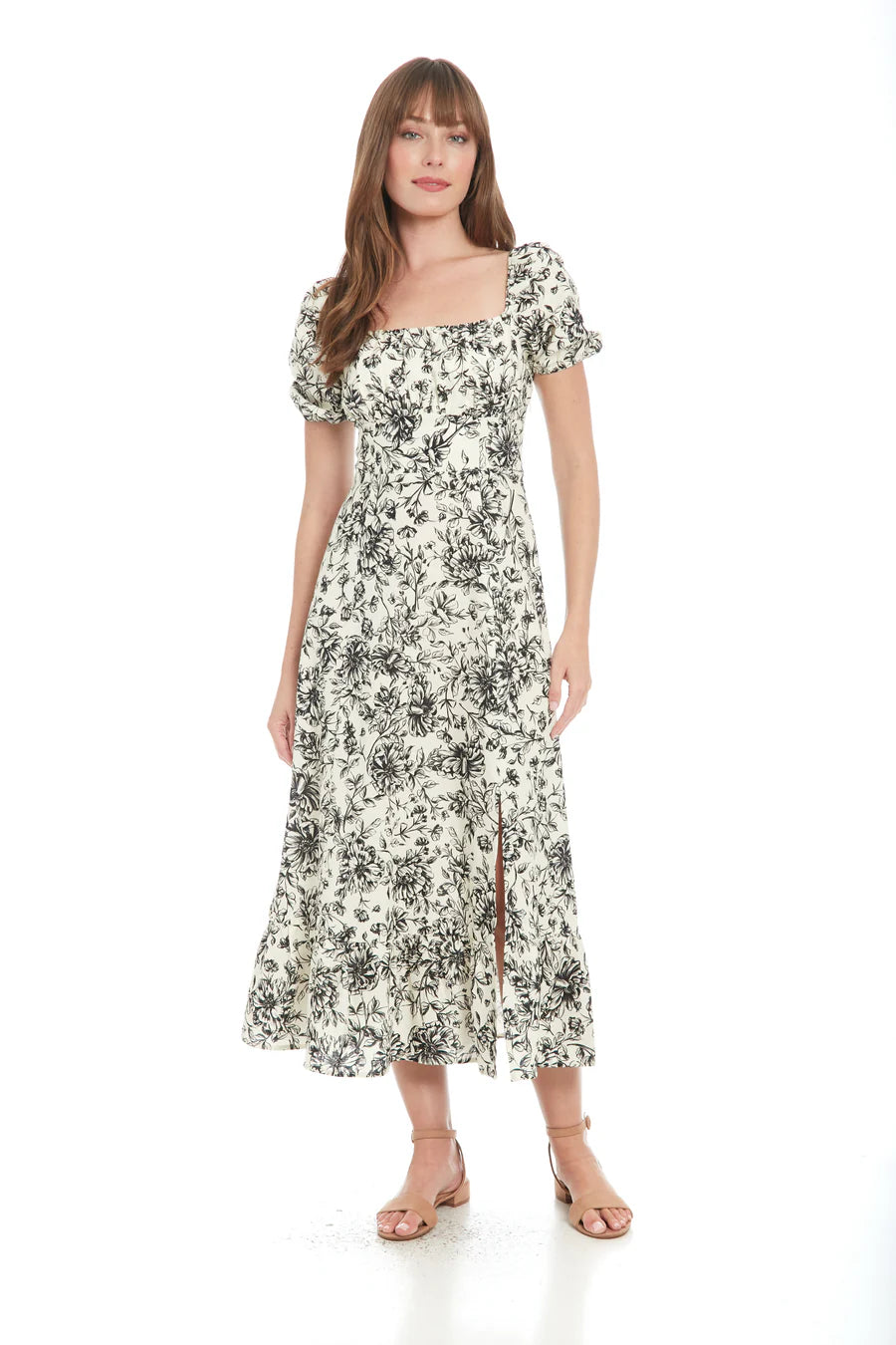 Short Puff Sleeve Square Neck Fit and Flare Floral Midi Dress with Smock Back