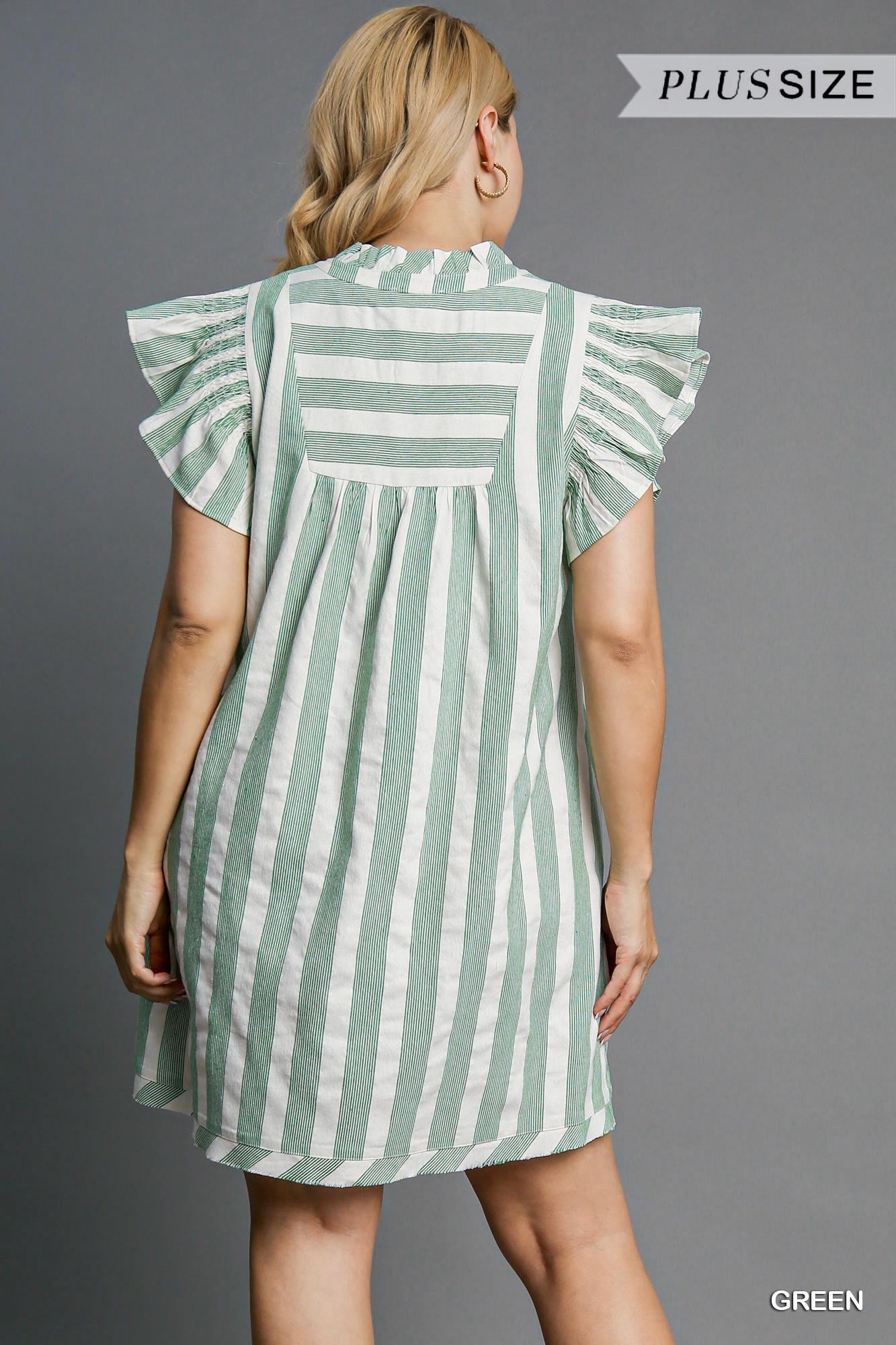 Curvy Short Ruffle Sleeve V Neck Stripe Mini Dress