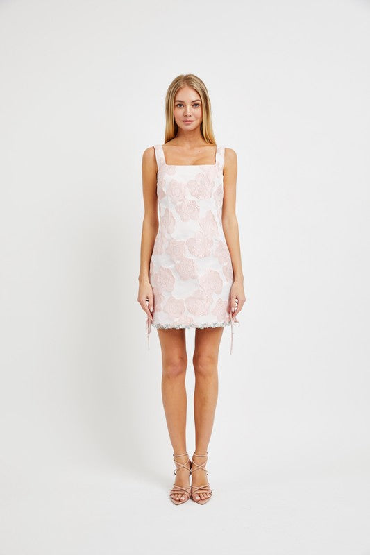 JACQUARD SQUARE NECK WITH FLOWER TRIM AND BOW TIE DETAIL MINI DRESS