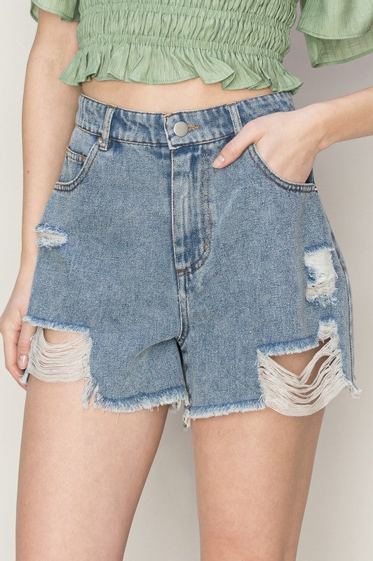 High Waist Distressed Denim Shorts