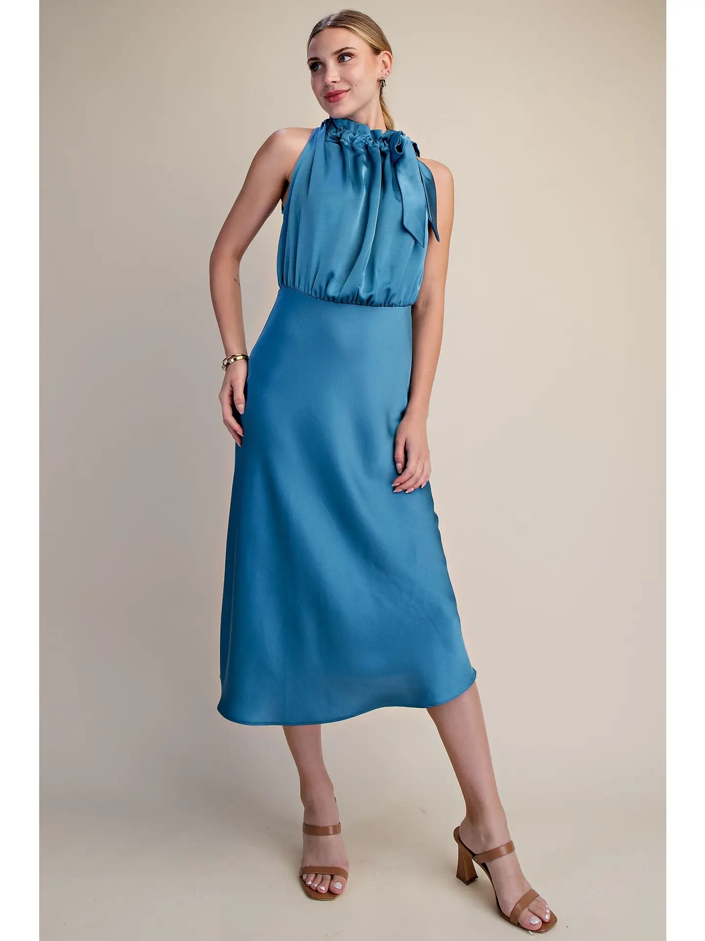 Sleeveless Midi Dress with Ruffle Tie Neck