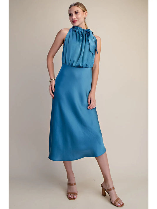 Sleeveless Midi Dress with Ruffle Tie Neck