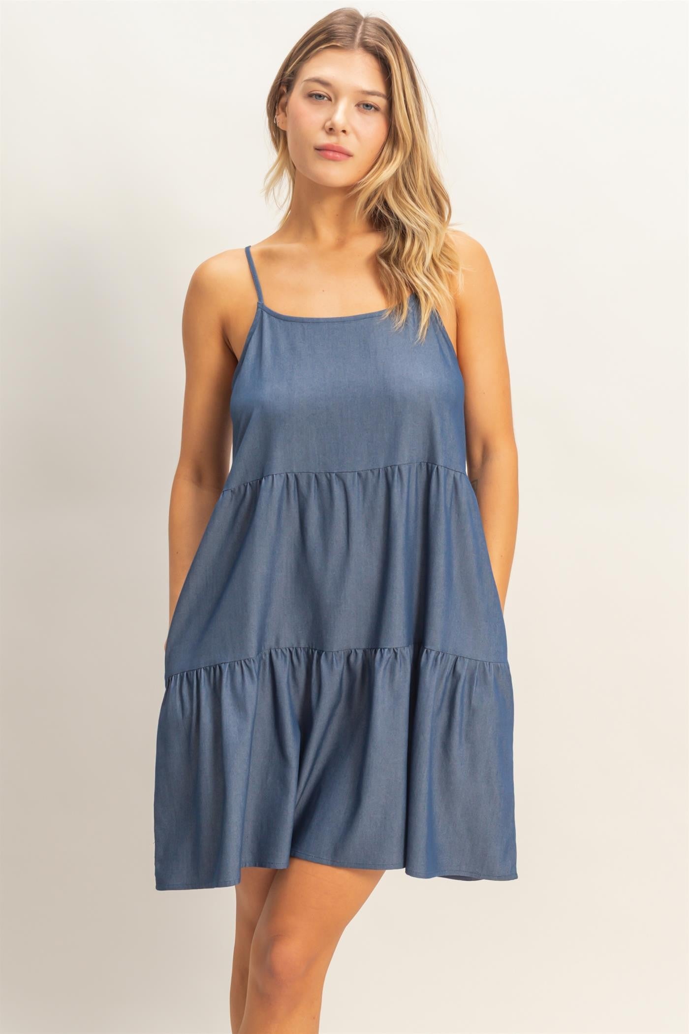 Tiered Spaghetti Strap MIni Denim Dress