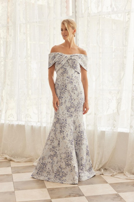 Luxury Jacquard Off Shoulder Twisted Front Detail Trumpet Long Formal Dress