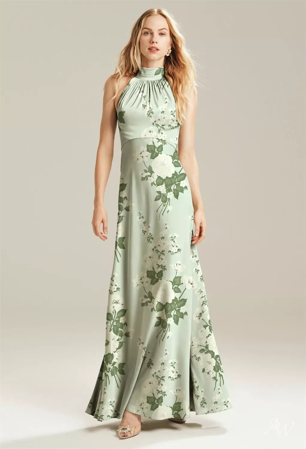Sage Garden Party Satin Charmeuse Long Formal Floral Dress