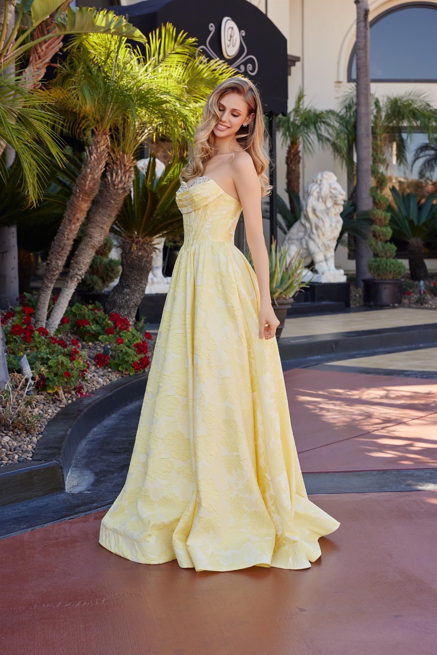 Strapless Jacquard Long Formal Ball Gown with Corset Back Closure