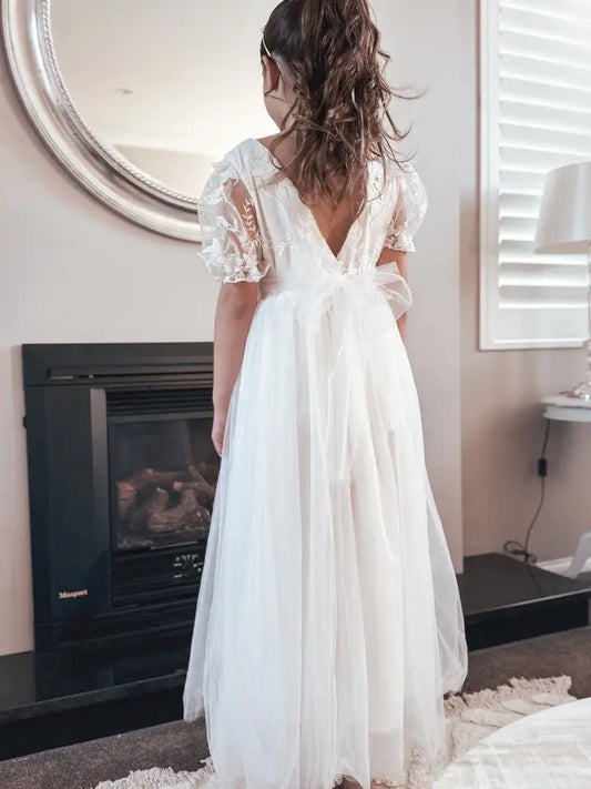 Girls Short Sleeve Embroidery Bodice with Long Flowy Skirt and V Back Dress