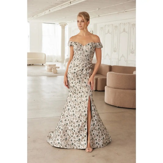 Off the Shoulder Jacquard Trumpet Long Formal Dress with Side Slit