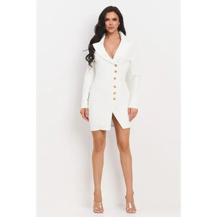 Long Sleeve PU Button Down Mini Blazer Dress