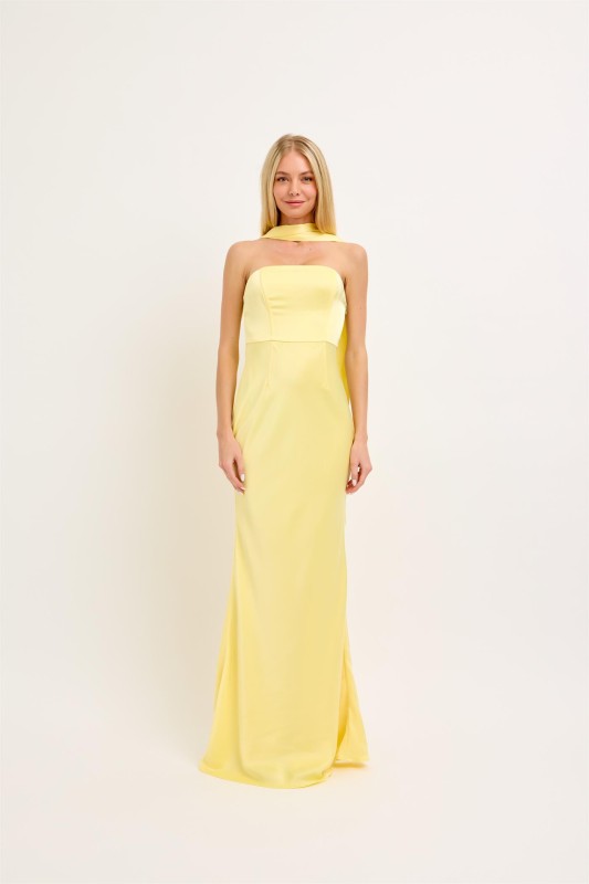 Strapless Bandeau Neckline Satin Maxi Dress with Matching Scarf