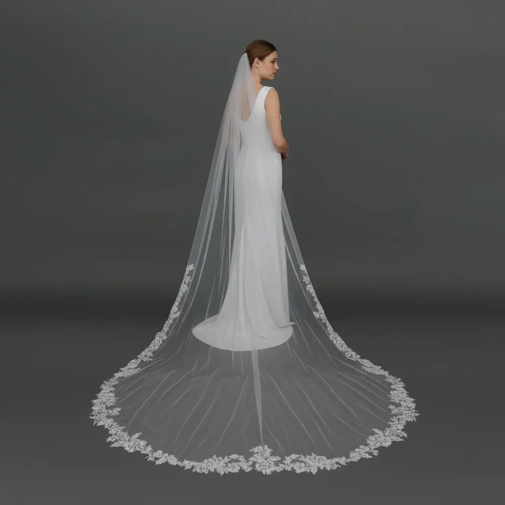 Floral Lace Cathedral Length Wedding Veil with Rhinestones and Sequins