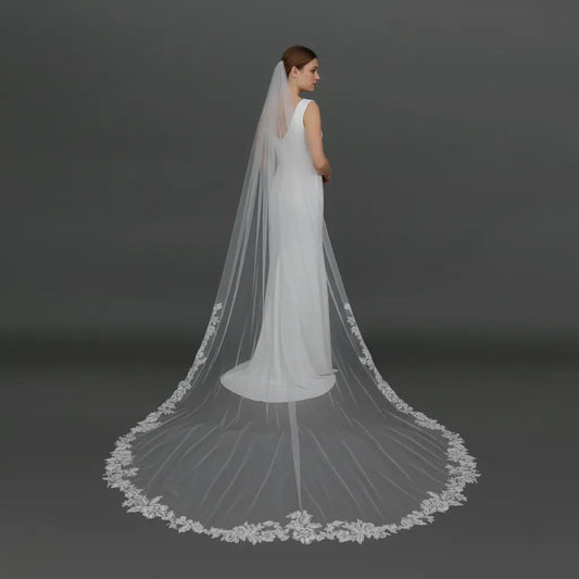 Floral Lace Cathedral Length Wedding Veil with Rhinestones and Sequins
