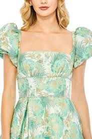 Short Puff Sleeve Fit and Flare Jacquard Hi Low Formal Dress with Pockets