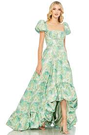 Short Puff Sleeve Fit and Flare Jacquard Hi Low Formal Dress with Pockets