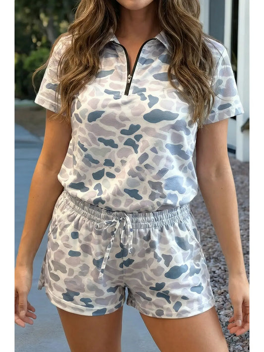 2 Piece Camouflage Short Sleeve Top with Zip and Matching Tie Waist Shorts