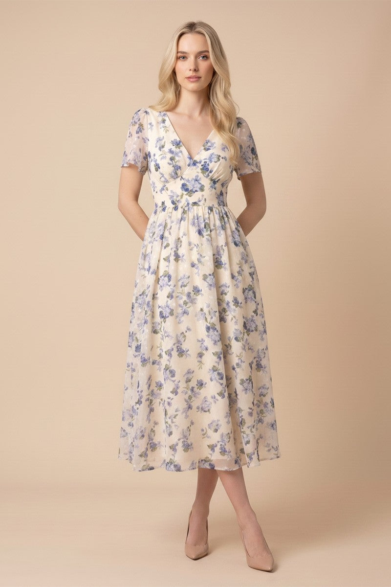 Floral Midi Dress With Short Sleeves And A Tie Back Detail