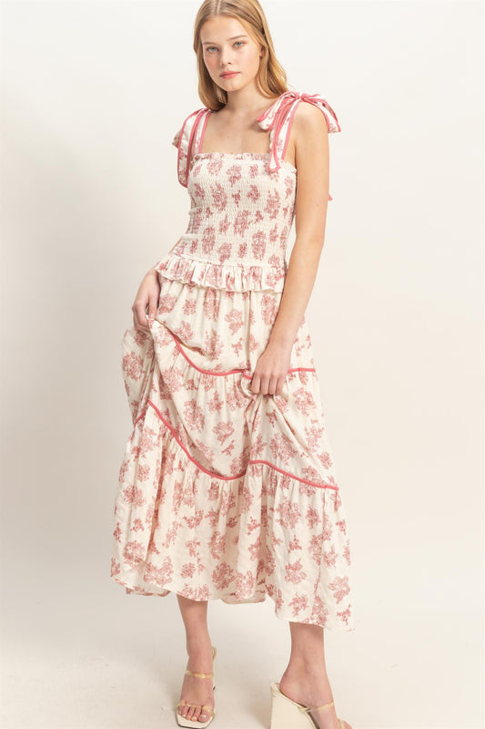 Tie Strap Smocked Bodice Floral Tiered Maxi Sun Dress