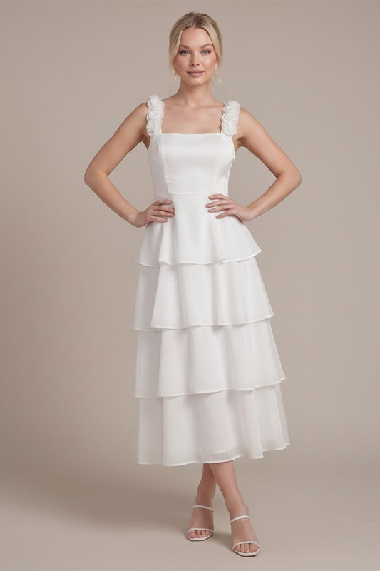 White Tiered Midi Dress With Lace Trim Straps