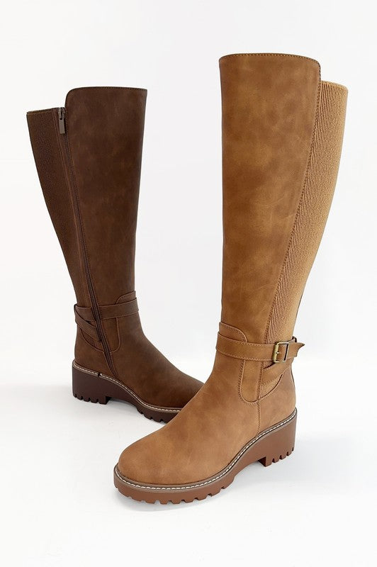 Knee High Riding Boots with Stretchy Ribbed Material for Wide Calf Fit