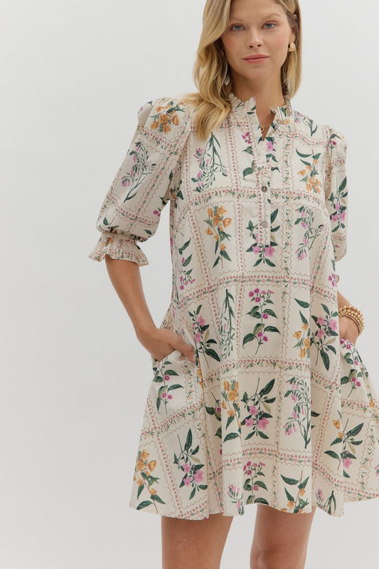 Floral panel ¾ ruffle puff sleeve pleated round neck button closure at front mini dress