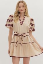 Short Bubble Sleeve Slit Neck Line Mini Fit and Flare Dress with Contrast Embroidery and Pockets