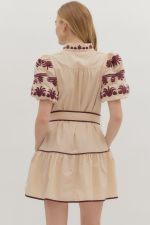 Short Bubble Sleeve Slit Neck Line Mini Fit and Flare Dress with Contrast Embroidery and Pockets