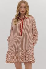 Striped long sleeve mini dress featuring embroidered trim along button placket and pockets