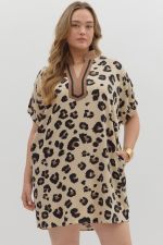 Curvy oversized leopard pattern elasticated dolman sleeve mini dress with pockers