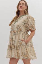 Floral print short puff sleeve mini dress V-neck with visible topstitch detail with pockets