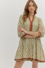 Floral pattern ¾ sleeve tiered mini dress featuring multicolor V-neck collar and pockets