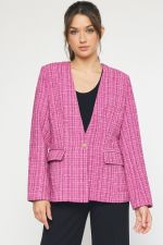 Long Sleeve Tweed Blazer with Button Front Closure