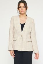 Long Sleeve Tweed Blazer with Button Front Closure