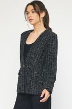 Long Sleeve Tweed Blazer with Button Front Closure