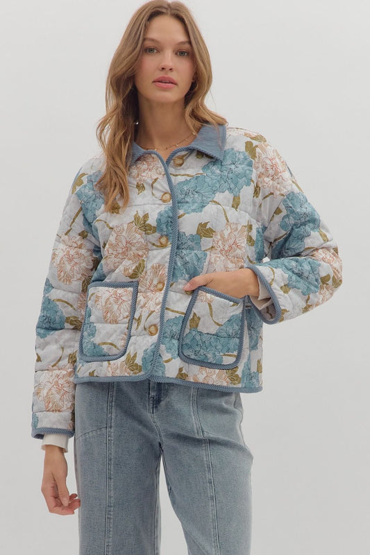 Long Sleeve Quilted Floral Button Front Jacket with Pockets