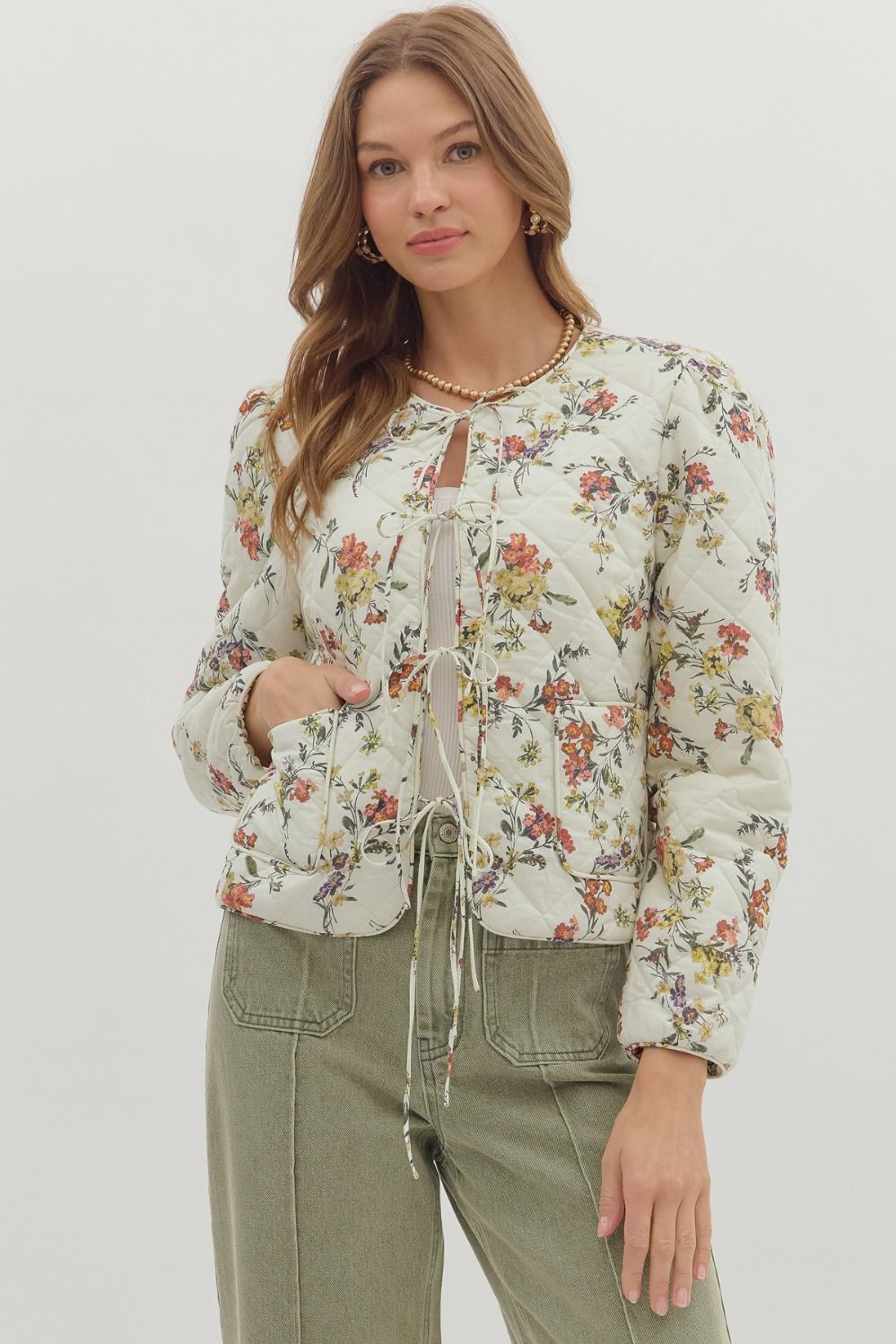 Long Sleeve Quilted Floral Pattern Front Bow Tie Closure Jacket