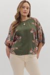 Botanical print ¾ sleeve puff top featuring textured fabric and gathered sleeve hem with tie detail