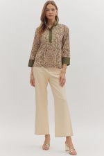 3/4 Sleeve Paisley Print with Contrast Collar Top