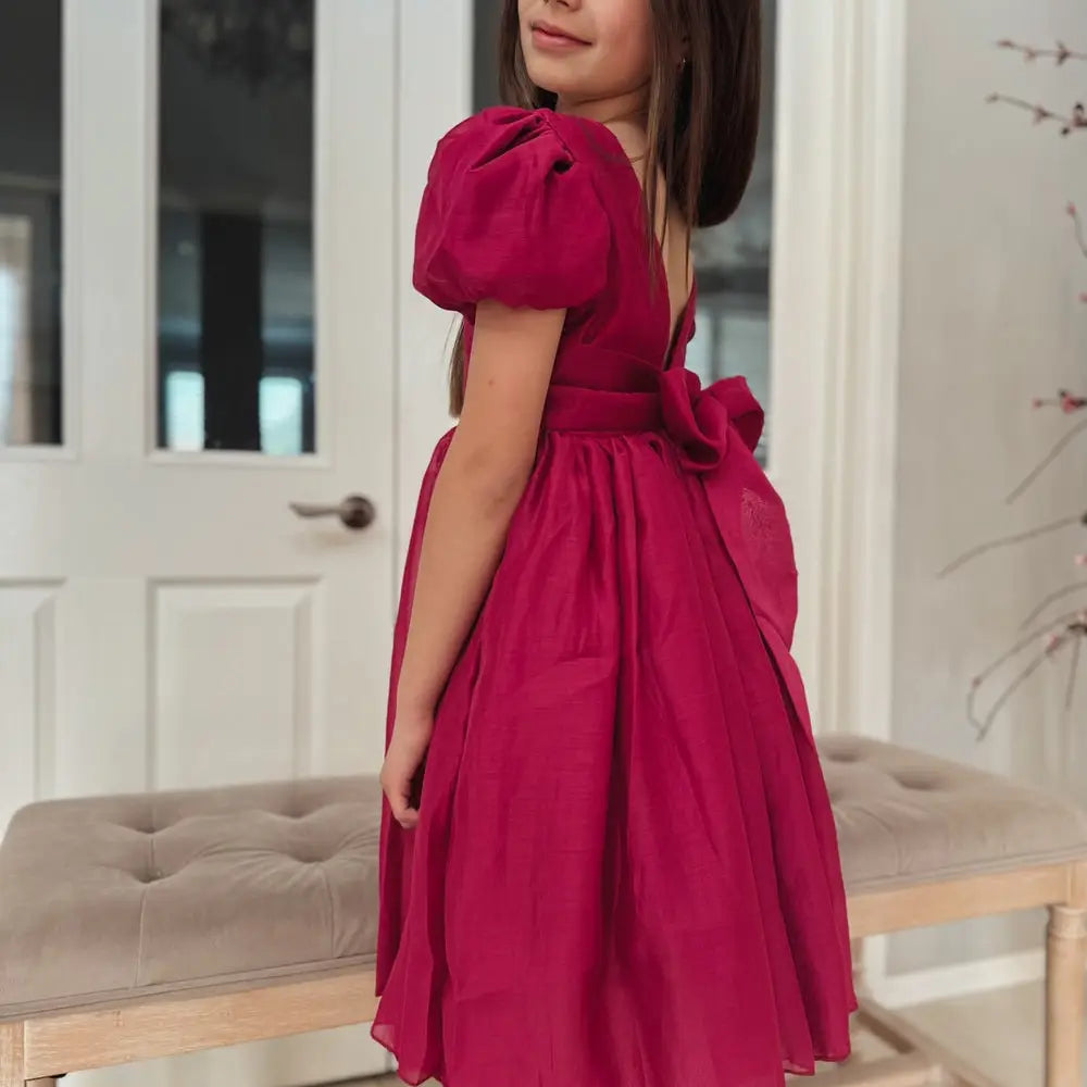 Girls Short Puff Sleeves Knee Length Fit and Flare with Tie Back