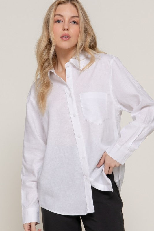 Long Sleeve Linen Blend Button Down Shirt