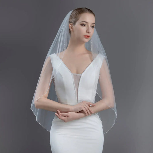 Elegant Pearl-Edged Bridal Veil, Fine Illusion Tulle