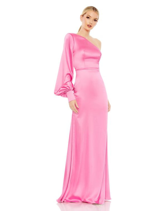 One Shoulder Long Cuffed Bishop Sleeve Satin Fit and Flare Long Formal Dress