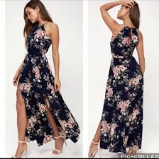 High Neck Halter Floral Maxi Dress with Double Side Slits