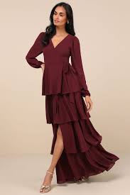 Stunning Long Sleeve Chiffon Tiered Maxi Dress
