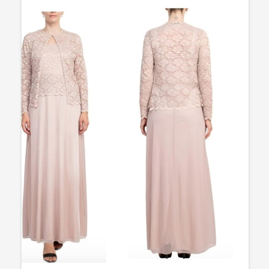 2 Piece Lace Bodice with Chiffon Skirts Long Formal Dress with Matching Lace Jacket