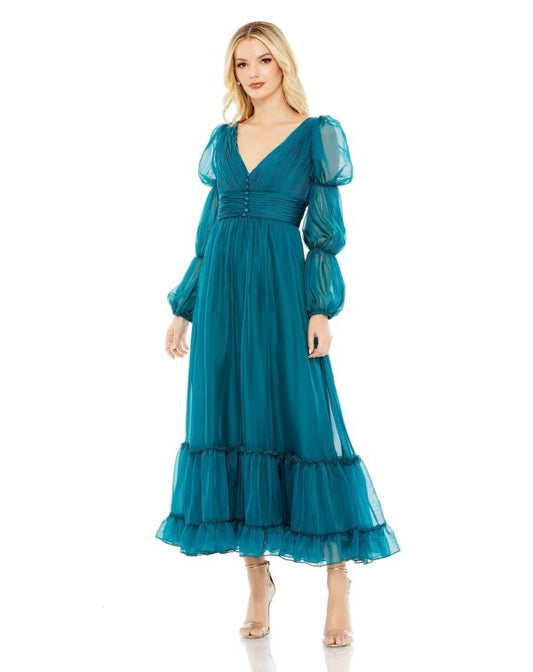 Long Virago Sleeve Ruched Bodice V Neck Midi Cocktail Dress