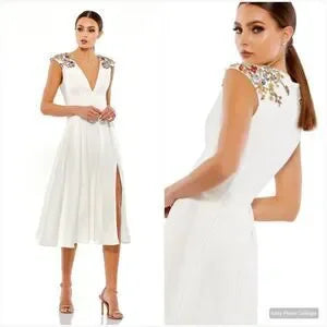 Short Beaded Cap Sleeve Midi Dress with Side Slit