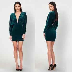 Long Sleeve Velvet Mini Dress with Deep V Neck